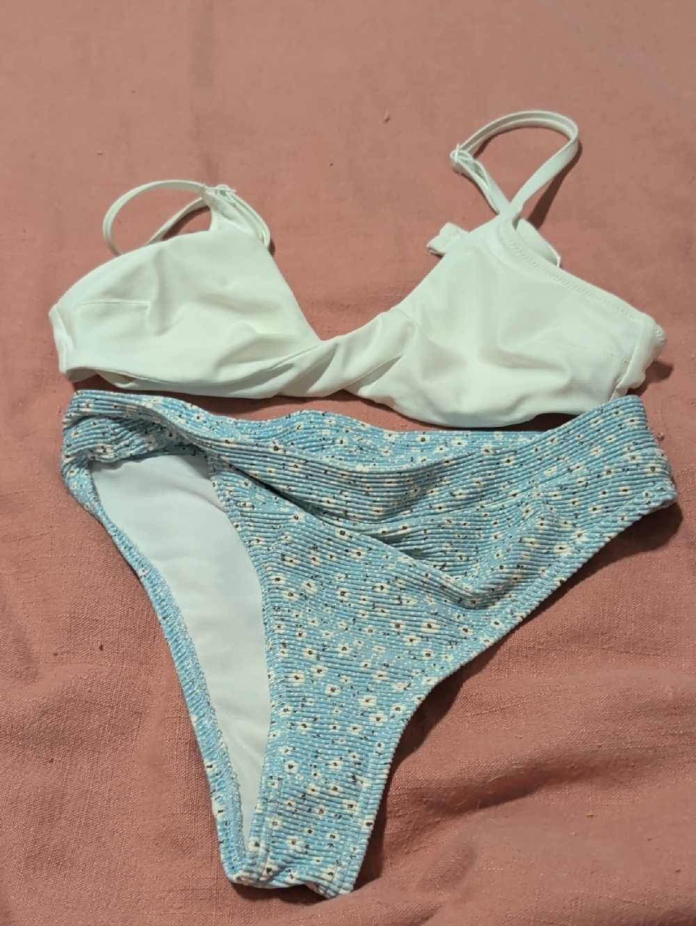 Billabong White Bikini Top with Light Blue Floral Ribbed Bottom